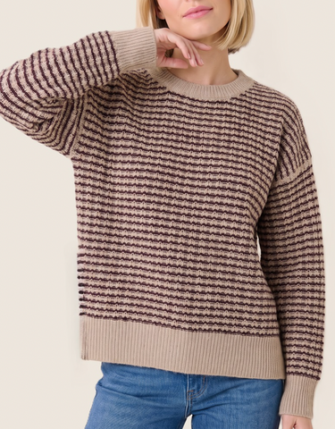 Waffle textured, crew neck, long sleeve, striped sweater. 
Fits true to ...