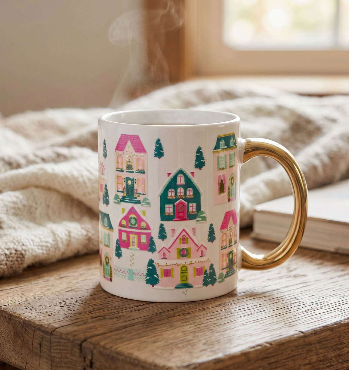 11 oz Cozy Cute Ceramic Mug (Pink Pine Village)