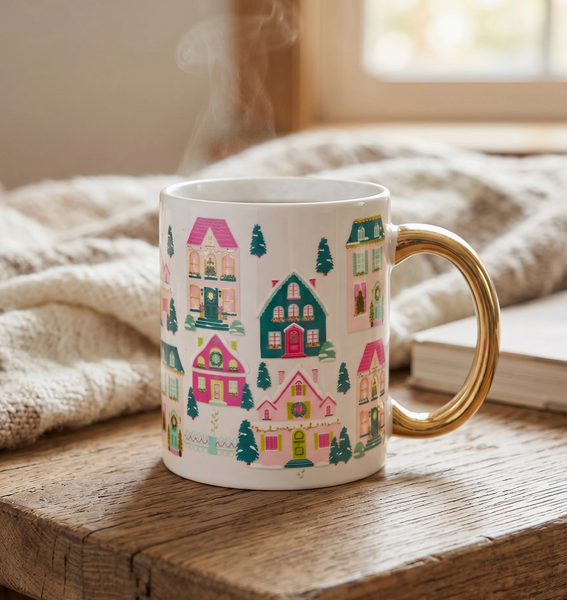11 oz Cozy Cute Ceramic Mug (Pink Pine Village)