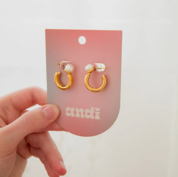 Shiny Gold Pearl Hoop Earrings