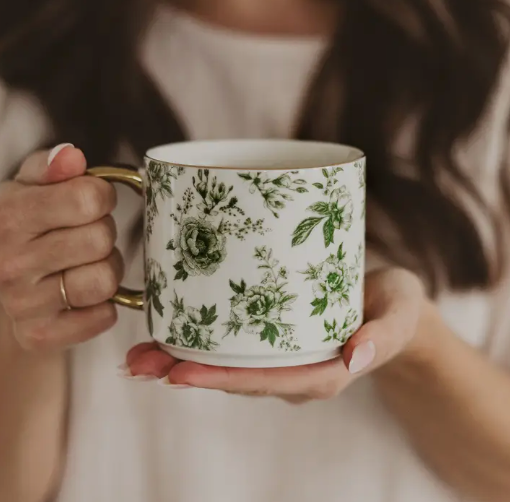 Green Floral Gold Handle Coffee Mug