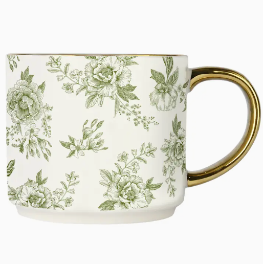 Green Floral Gold Handle Coffee Mug