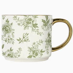 Green Floral Gold Handle Coffee Mug