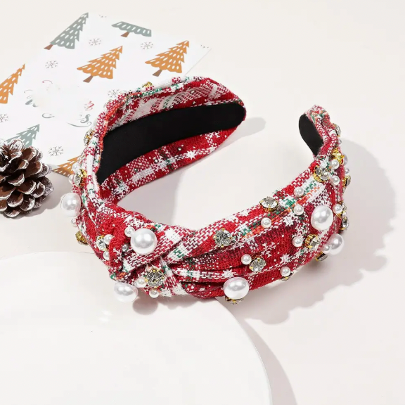 (PRE-ORDER) Pearl Plaid Headband (Red)