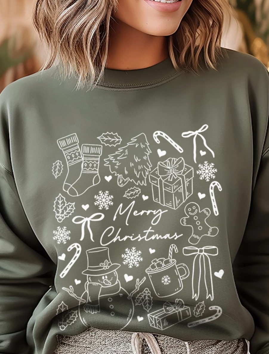 (PRE-ORDER) Christmas Doodle Graphic Crew (Military Green)