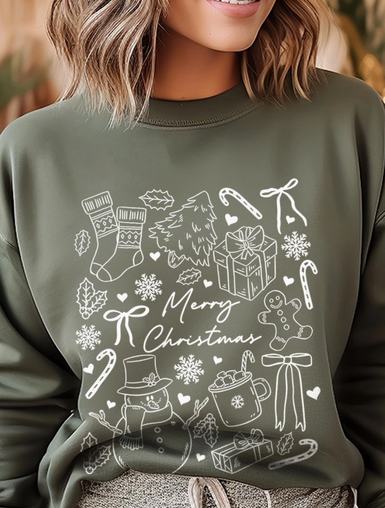 (PRE-ORDER) Christmas Doodle Graphic Crew (Military Green)