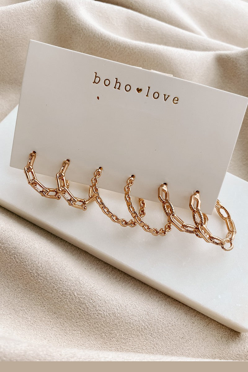Set Of Three Gold Chain Hoop Earrings