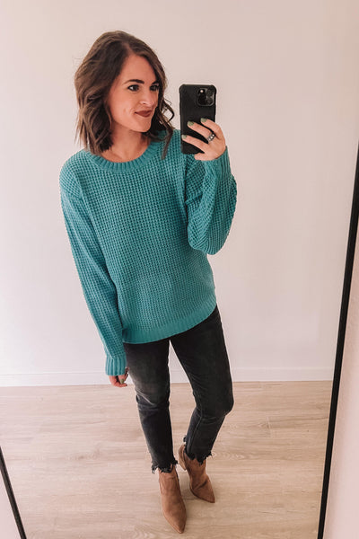 Brunch For Two Waffle Sweater (Dusty Teal)