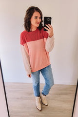 Ribbed Color Block Pullover (Coral)