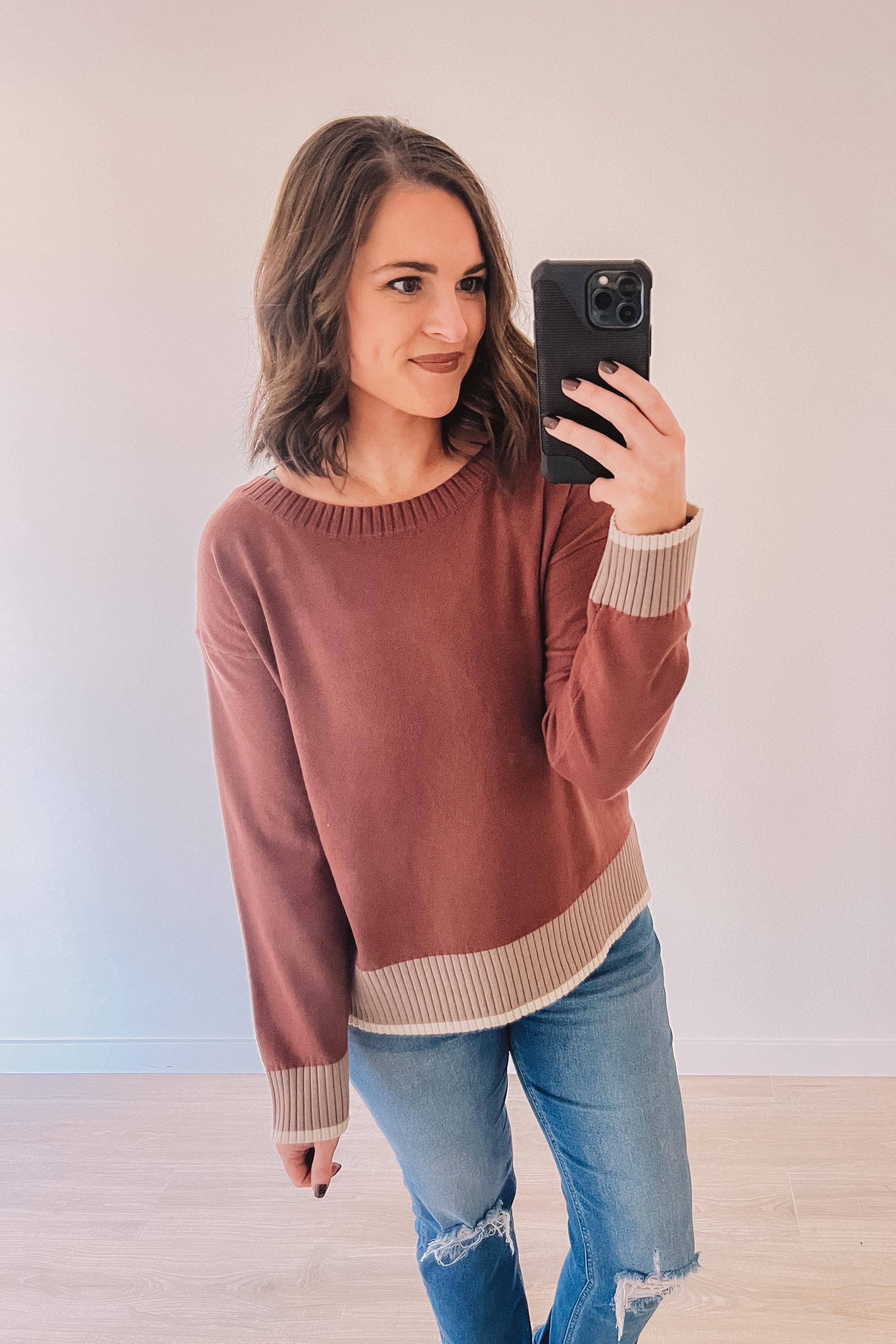 Varsity Ribbed Hem Sweater (Merlot)