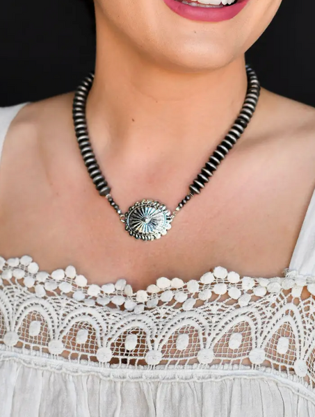 Navajo Pearl Disc Necklace with Concho Accent