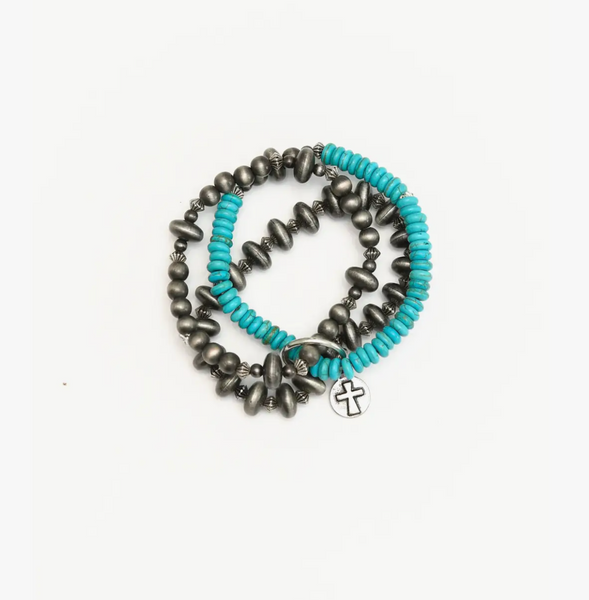Three Strand Navajo Pearl & Turquoise Stretch Bracelet