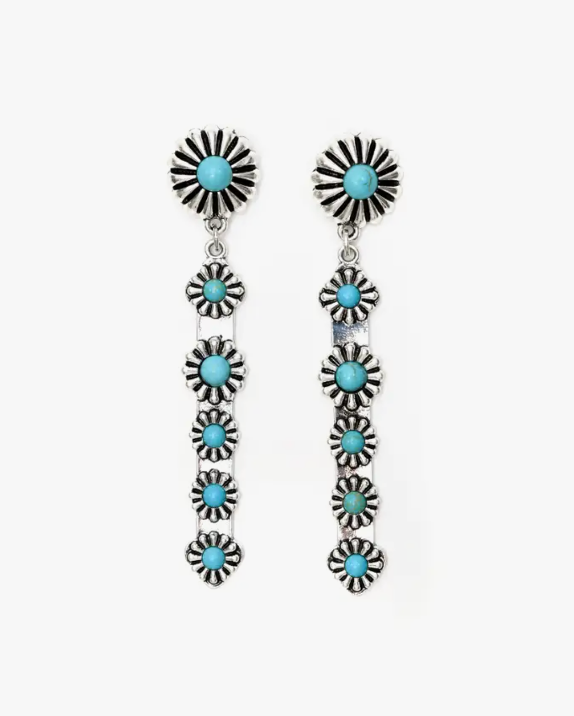 Silver Elongated Dangle Post Earrings With Turquoise Accents